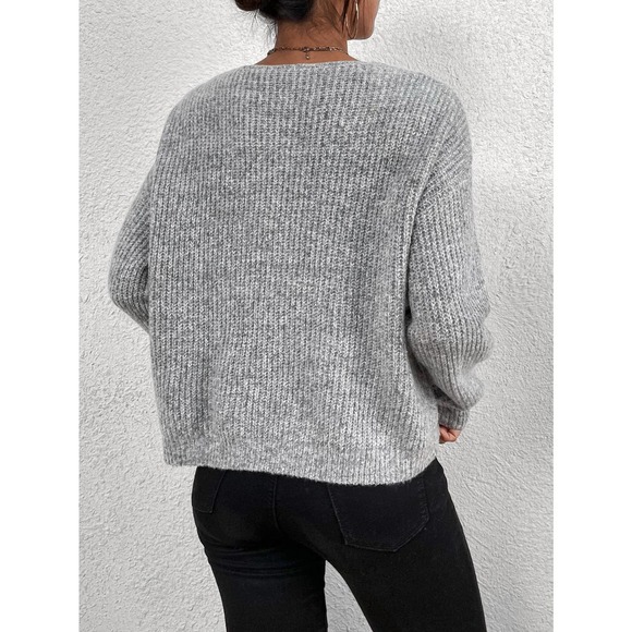 V neck Drop Shoulder Ribbed Knit Sweater black oversized - Picture 3 of 8